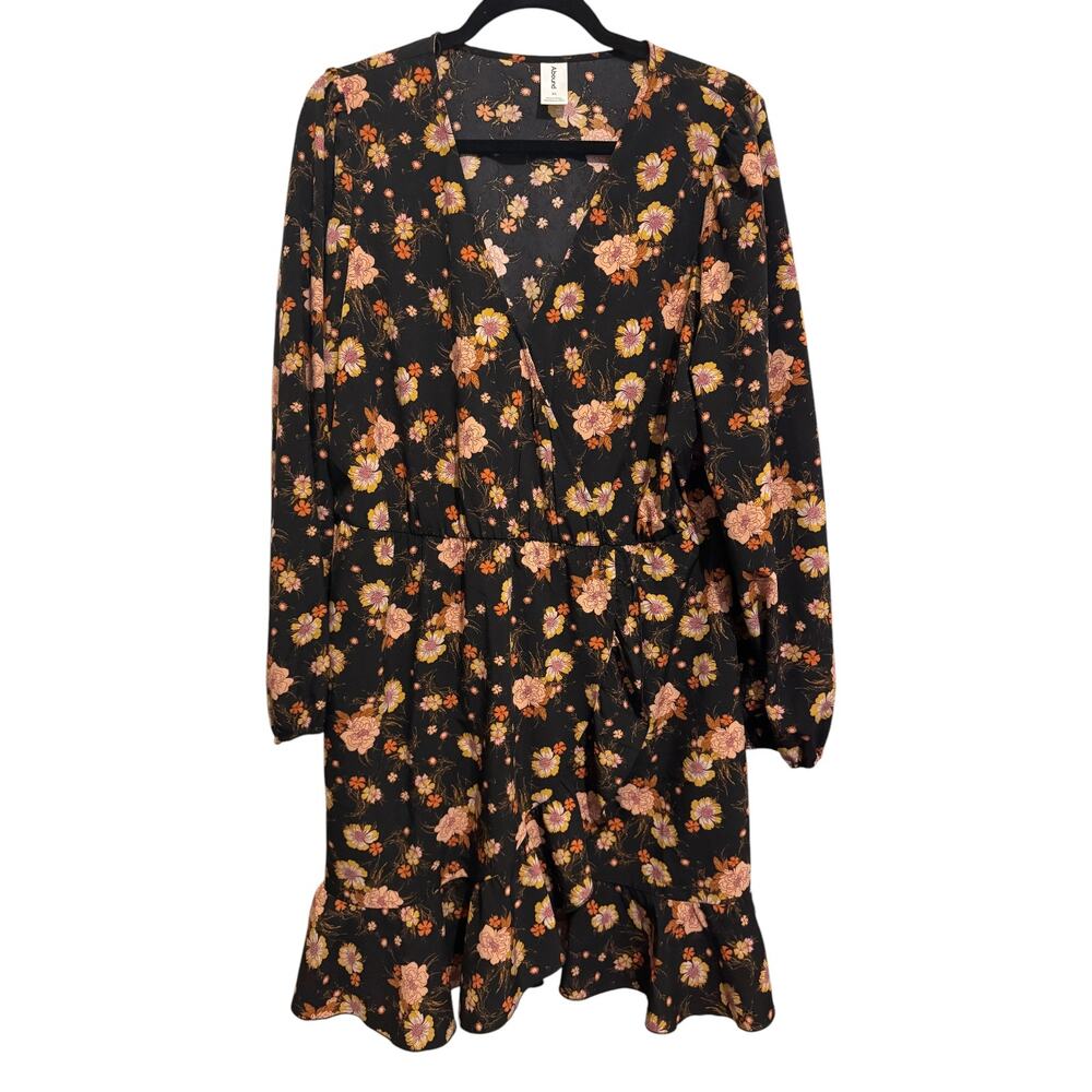 Abound Women's Brown Floral Faux Wrap Knee Length Dress XL Long Sleeve Ruffle